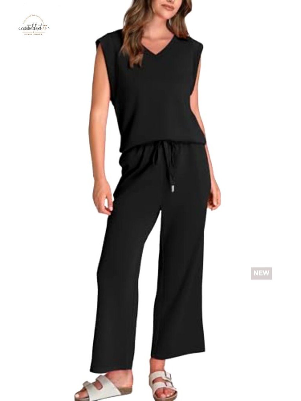 Two Piece Set V-Neck Top Wide Leg Pants Lightweight Stretch Business Casual - Picture 2 of 7